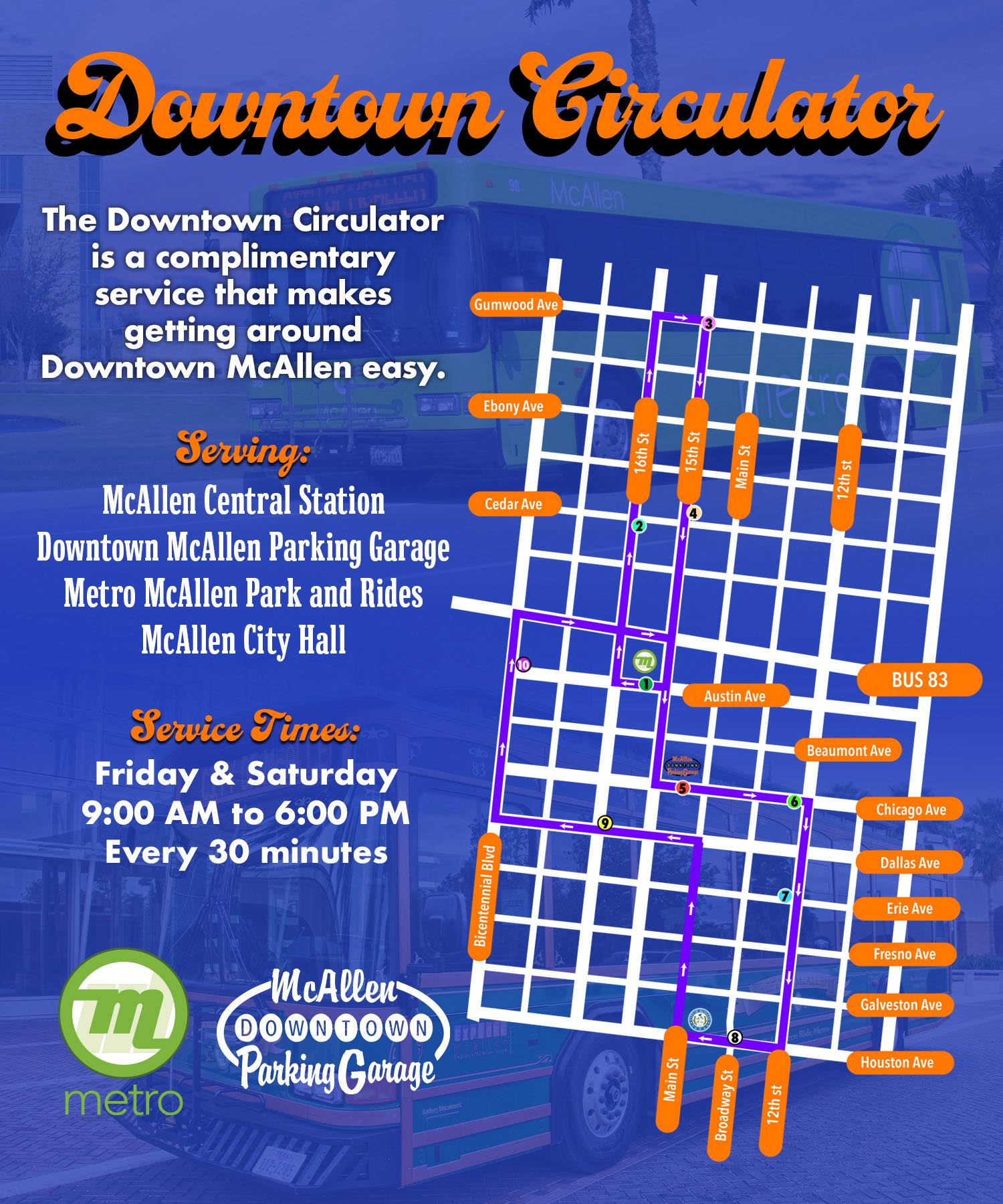 Metro McAllen free downtown bus circulator information graphic